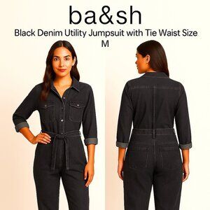 ba&sh Paris Black Denim Utility Jumpsuit with Tie Waist & Pockets Size M US 6–8